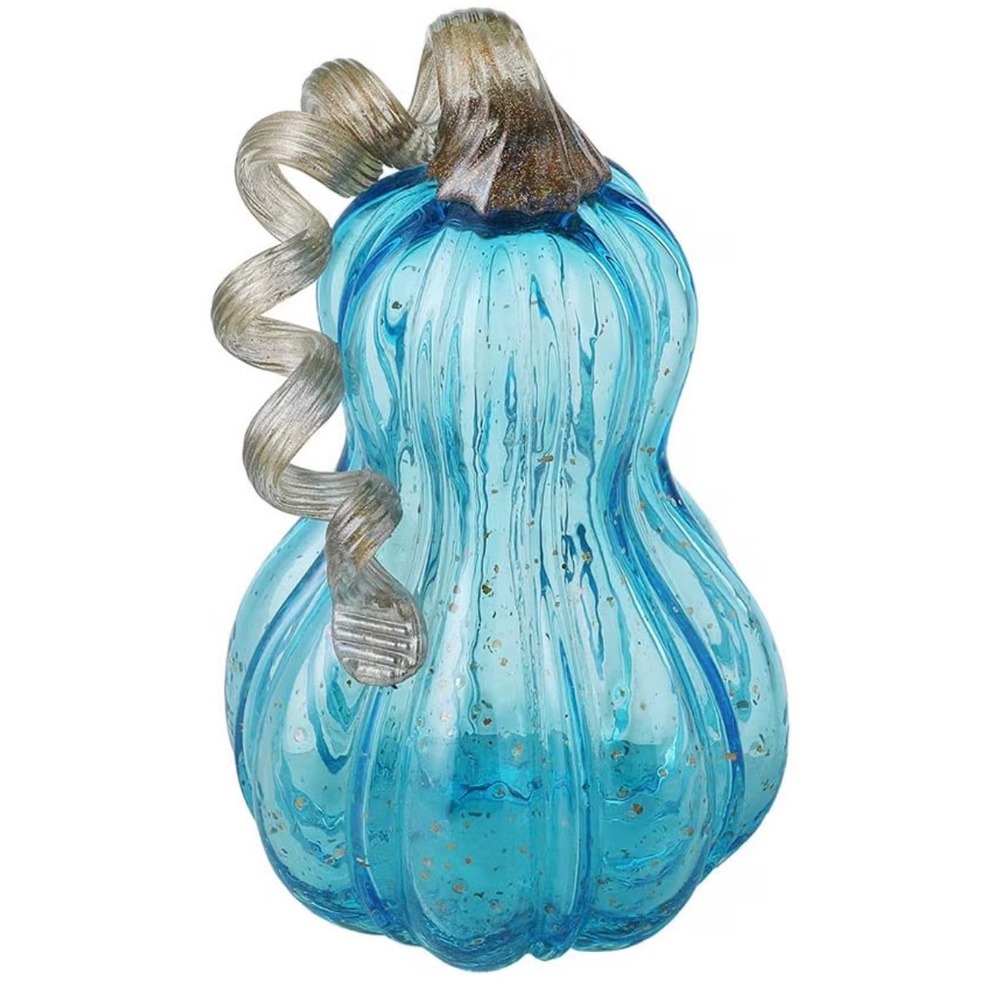 Glitzhome Blue Glass Pumpkin Gourd Figurine Gold Glitter Coastal Fall Decor 8.5"